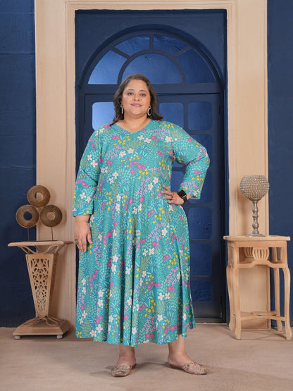 Rajwada Teal Blue Cotton Blend Printed Kurti For Women