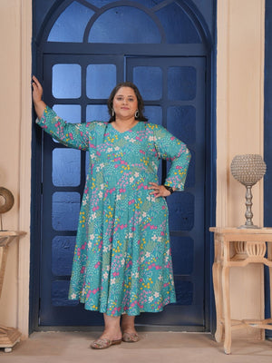Rajwada Teal Blue Cotton Blend Printed Kurti For Women