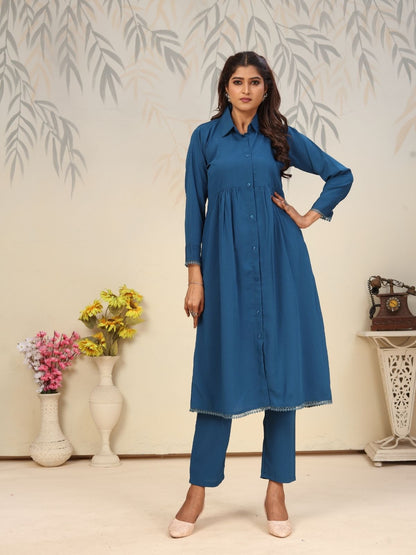 Rajwada Navy Blue Cotton Blend Solid Kurta Set For Women
