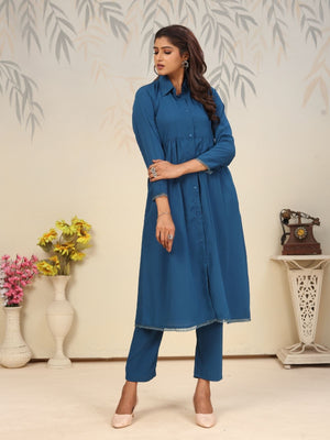 Rajwada Navy Blue Cotton Blend Solid Kurta Set For Women