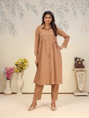 Rajwada Light Brown Cotton Blend Solid Kurta Set For Women