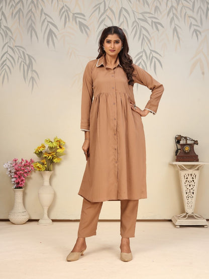 Rajwada Light Brown Cotton Blend Solid Kurta Set For Women