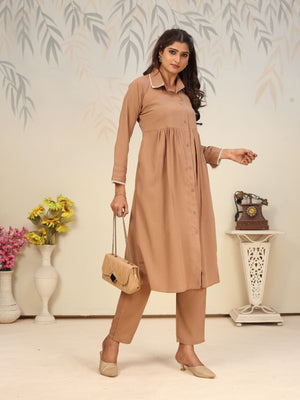 Rajwada Light Brown Cotton Blend Solid Kurta Set For Women