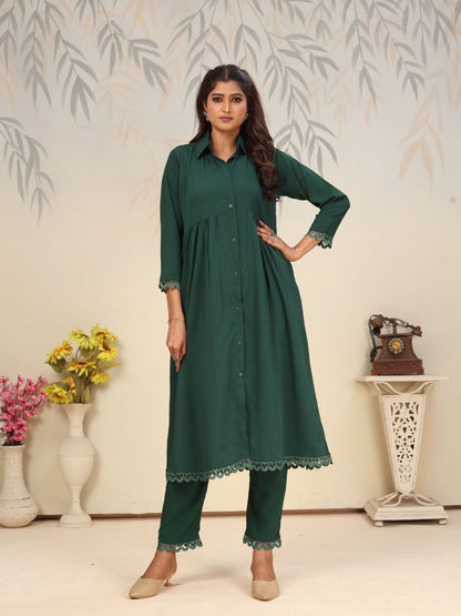 Rajwada Dark Green Cotton Blend Solid Kurta Set For Women