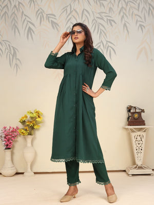 Rajwada Dark Green Cotton Blend Solid Kurta Set For Women