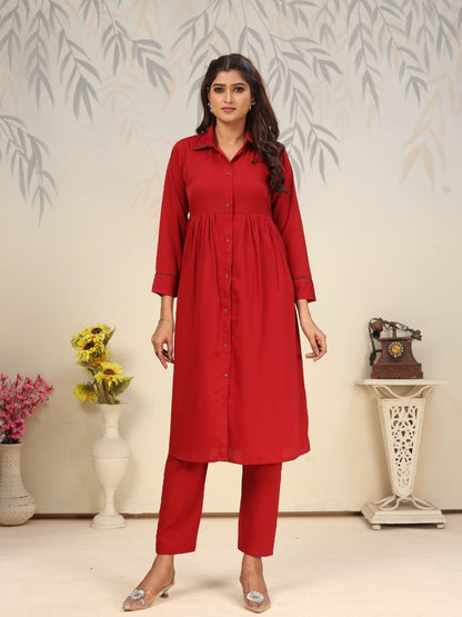 Rajwada Red Cotton Blend Solid Kurta Set For Women