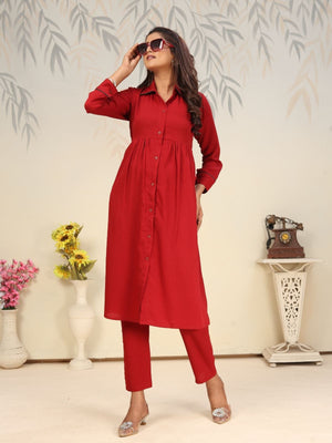 Rajwada Red Cotton Blend Solid Kurta Set For Women