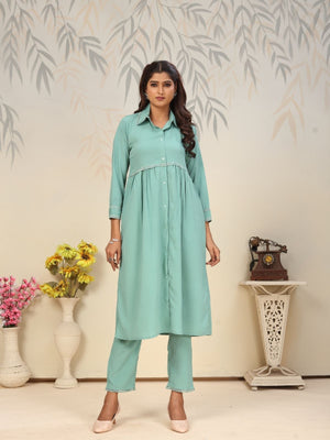 Rajwada Sea Green Cotton Blend Solid Kurta Set For Women