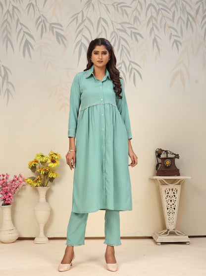 Rajwada Sea Green Cotton Blend Solid Kurta Set For Women