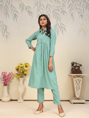 Rajwada Sea Green Cotton Blend Solid Kurta Set For Women