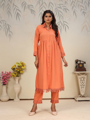 Rajwada Orange Cotton Blend Solid Kurta Set For Women