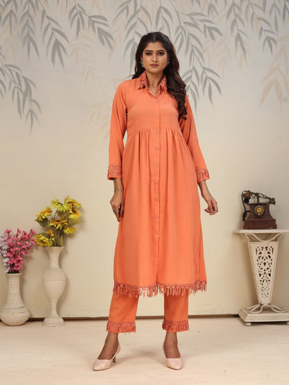 Rajwada Orange Cotton Blend Solid Kurta Set For Women