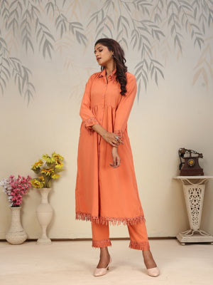 Rajwada Orange Cotton Blend Solid Kurta Set For Women