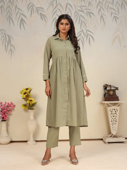 Rajwada Pista Green Cotton Blend Solid Kurta Set For Women