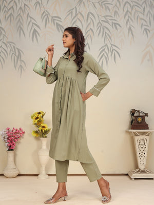 Rajwada Pista Green Cotton Blend Solid Kurta Set For Women