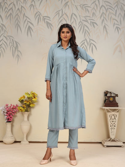 Rajwada Light Blue Cotton Blend Solid Kurta Set For Women