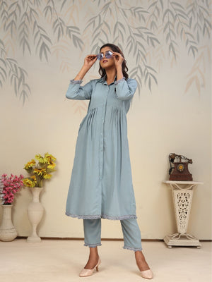 Rajwada Light Blue Cotton Blend Solid Kurta Set For Women
