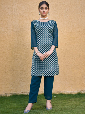 Rajwada Teal Blue Georgette Embroidered Kurta Set For Women
