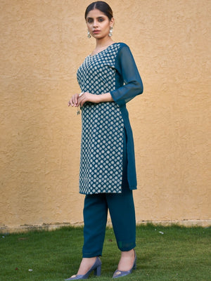 Rajwada Teal Blue Georgette Embroidered Kurta Set For Women