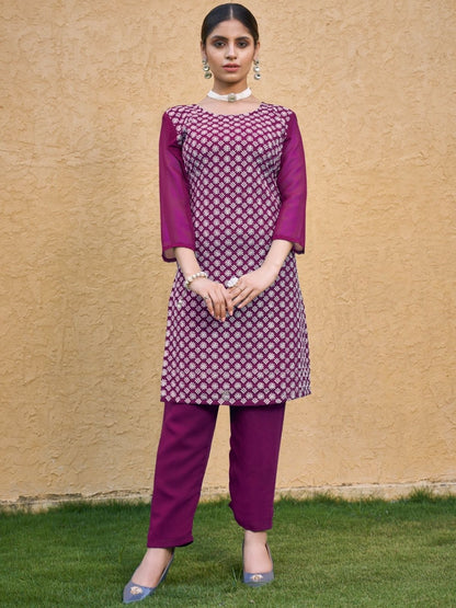 Rajwada Wine Georgette Embroidered Kurta Set For Women