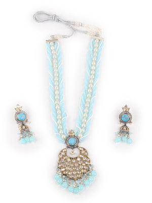 Rajwada Light Blue Layered Long Necklace Set For Women