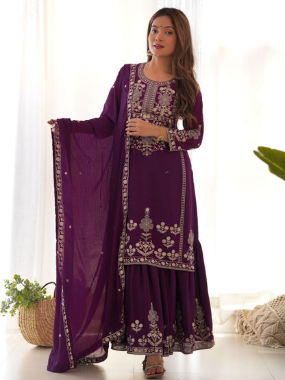 Rajwada Wine Silk Embroidered Sharara Set For Women