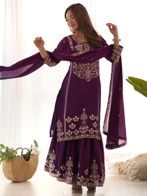 Rajwada Wine Silk Embroidered Sharara Set For Women