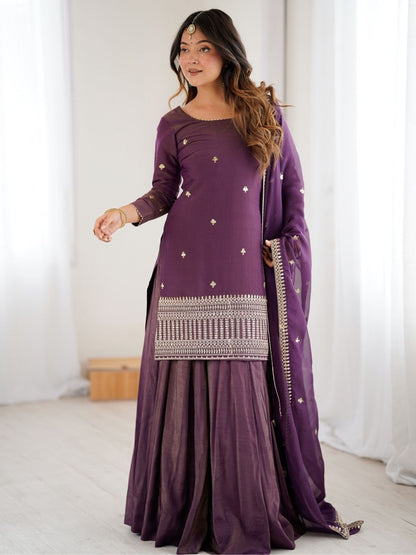 Rajwada Wine Silk Embroidered Sharara Set For Women