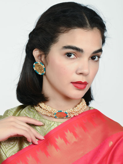 Rajwada Off White And Blue Alloy Beaded Pearl Jewellery Set For Women