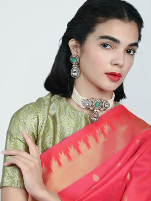 Rajwada White And Green Alloy Kundan And Stone Jewellery Set For Women