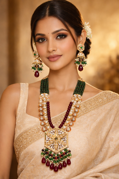 Rajwada Dark Green And Maroon Pearl And Stone Jewellery Set For Women