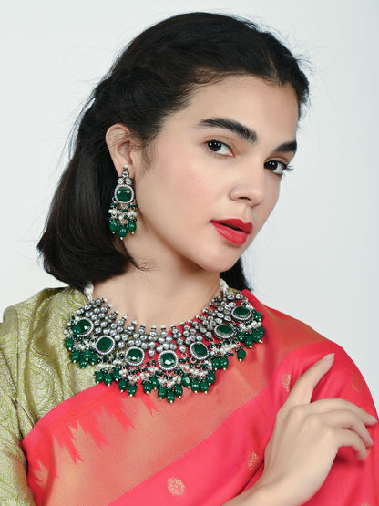 Rajwada Green And Silver Alloy Kundan And Stone Jewellery Set For Women