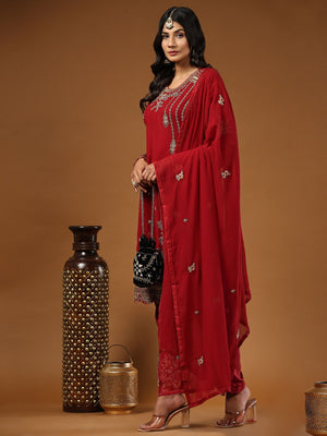 Rajwada Women Maroon Embroidered Georgette Semi Stitched Straight Partywear Suit