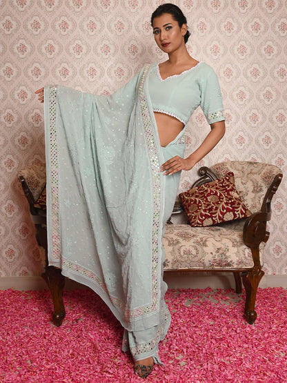 Rajwada Women Sea Green Georgette Chikankari Beads Embroidered Saree With Unstitched Blouse