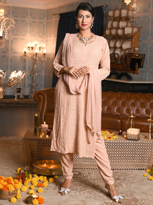 Rajwada Women Beige Georgette Chikankari Embroidered Stitched Kurta Set