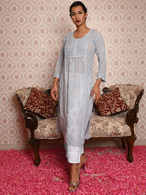 Rajwada Women Grey Georgette Chikankari Embroidered Stitched Kurta