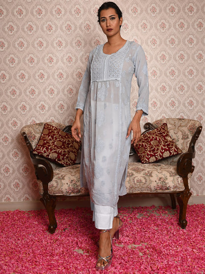 Rajwada Women Grey Georgette Chikankari Embroidered Stitched Kurta
