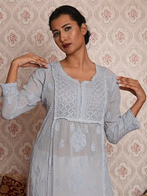 Rajwada Women Grey Georgette Chikankari Embroidered Stitched Kurta