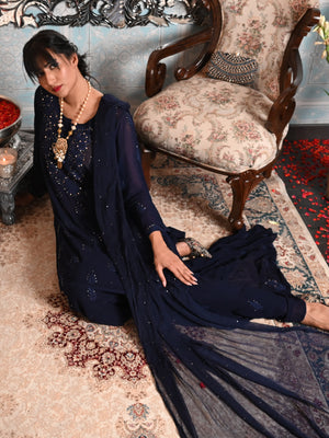 Rajwada Women Navy Blue Georgette Chikankari Embroidered Stitched Sharara Set