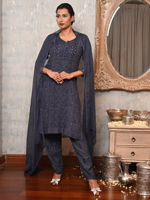 Rajwada Women Dark Grey Poly Silk Chikankari Mukaish Work Embroidered Stitched Kurta Set