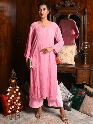 Rajwada Women Pink Georgette Chikankari Embroidered Stitched Kurta