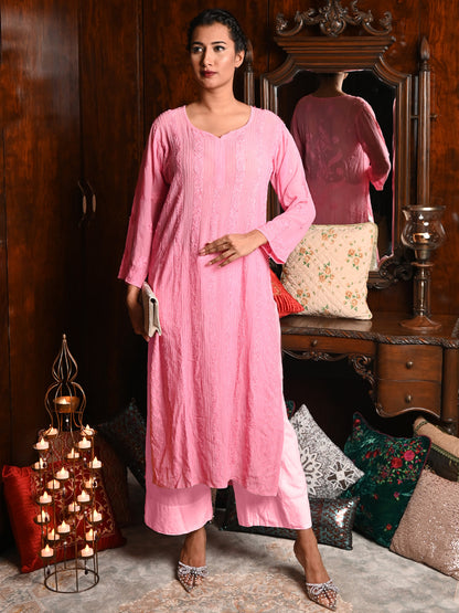 Rajwada Women Pink Georgette Chikankari Embroidered Stitched Kurta