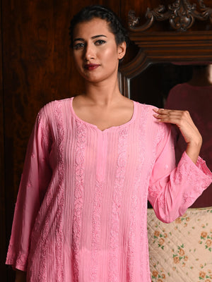 Rajwada Women Pink Georgette Chikankari Embroidered Stitched Kurta