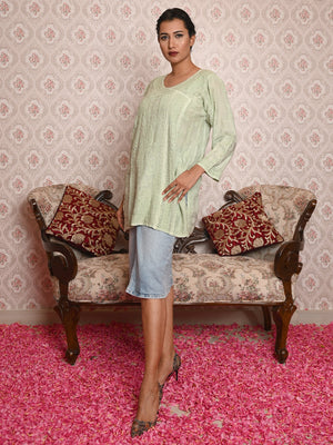 Rajwada Women Light Green Polyester Viscose Chikankari Embroidered Stitched Short Kurti