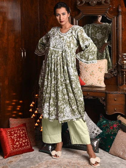 Rajwada Women Olive Green Cotton Printed Chikankari Embroidered Stitched Kurta With Pockets