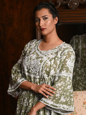 Rajwada Women Olive Green Cotton Printed Chikankari Embroidered Stitched Kurta With Pockets
