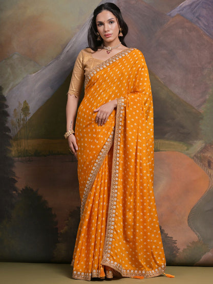 Rajwada Mustard Printed Chiffon Saree With Unstitched Blouse For Women