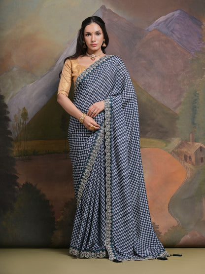 Rajwada Blue Printed Chiffon Saree With Unstitched Blouse For Women