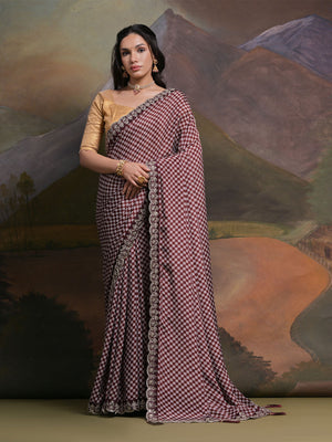 Rajwada Wine Printed Chiffon Saree With Unstitched Blouse For Women