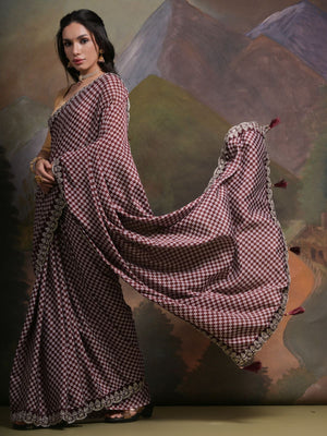 Rajwada Wine Printed Chiffon Saree With Unstitched Blouse For Women